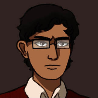 A bespectacled boy with neat, dark hair and a stern expression 